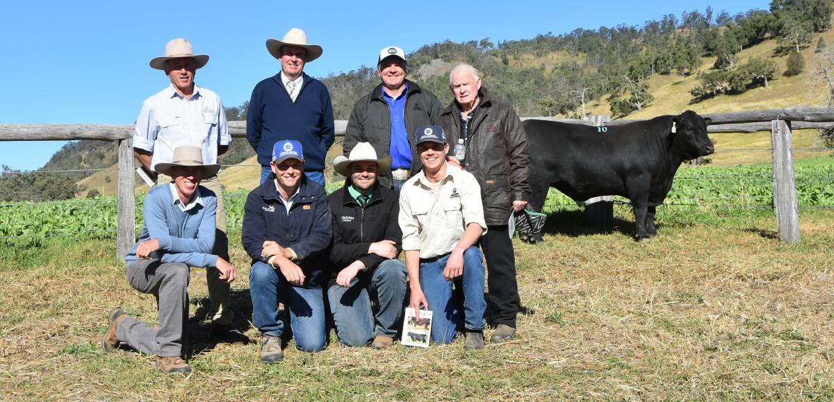 Top price Angus bull Curracabark Patterson P84 who sold for $22,000 with vendor Sandy Higgins, auctioneer Paul Dooley, new owners Robert and Bruce Mackenzie, Mackas Pastoral, Oakfield Park, Salt Ash, Vendor James Higgins, Bowe and Lidbury agent Rodney McDonald, Nutrien agent Chris Dobie and Jack Mackenzie, Mackas Pastoral, Oakfield Park, Salt Ash,