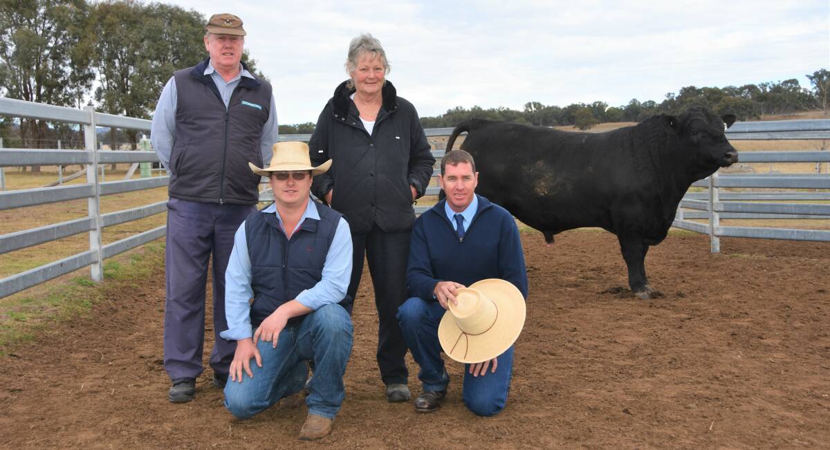 Top price Inglebrae Farms Hallmark P98 sold for $27,500 pictured with agent Kevin Cocciola, Ian Weir and Son, new owner Jennifer Kelby, Nowlan Farms, Backmede, agent Jake Noble, Ian Weir and Son and Inglebrae Farms manager Darren Battistuzzi. 