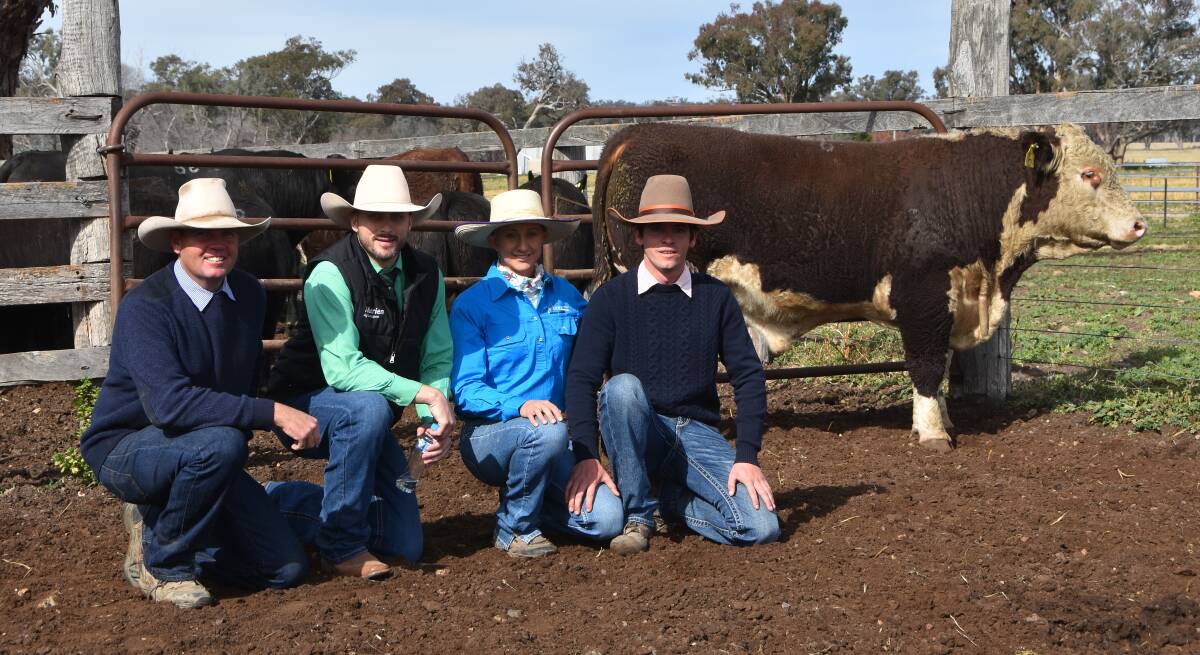 Dual top price Glenwarrah Mumbai P232 with auctioneers, Tom Piddington, Armitage and Buckley, Joel Fleming, Nutrien Ag solutions and vendors Kate Blackwood and David Collins. 