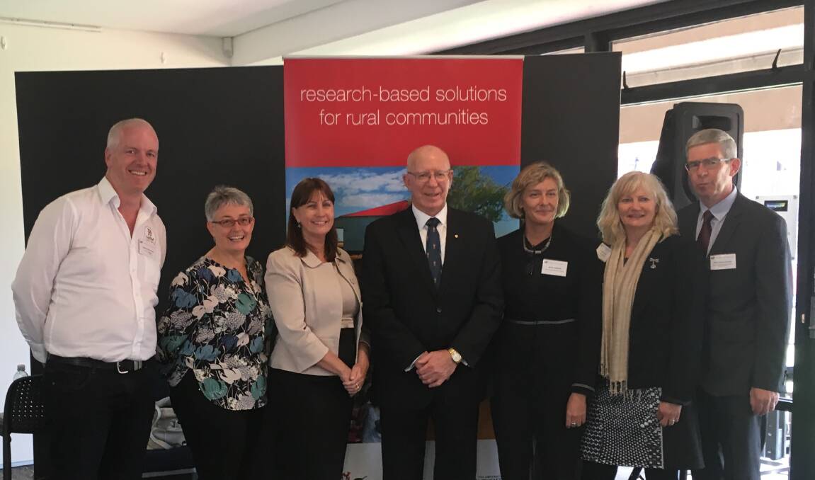 Forum speakers Andrew McMahon, Mates in Mining; Tracy McCown, Suicide Prevention Australia; Melanie Meers, Anson Street School, Orange; NSW Governor David Hurley; Gerry Bobsien, Muswellbrook Council; MC Susan Beaton, and CRRMH director David Perkins.