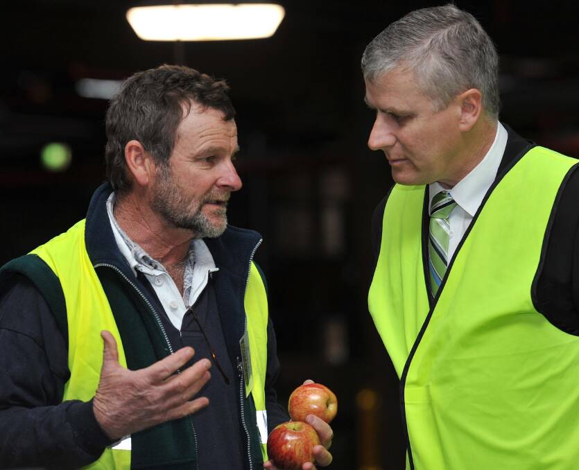 Apple and cherry farmer Greg Mouat and Riverina MP Michael McCormack during a tour of the Batlow Fruit Co-op in 2011.