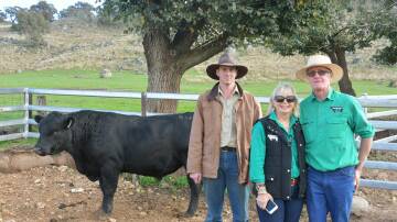 Top priced buyer Sean McMullen (manager), Boambolo Pastoral Company, Yass, who paid $35,000 for his new sire and is pictured with Bill and Shauna Graham, Bongongo Angus, Coolac. 
