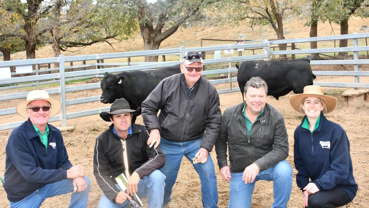 Bongongo Angus stud principal Bill Graham, Coolac, and daughter Georgia Graham, far right, with buyers Mark Edwards (manager), Tony and Grant Fenn, Eurobin, Gocup.
