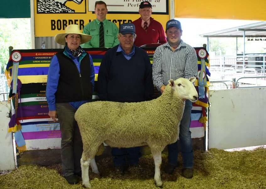 Pictured at the October 2020 sale is Isabella Grinter with the $15,000 top priced ram and buyers, George and Ben Simmons, Talbragar Border Leicester stud, Leadville.
