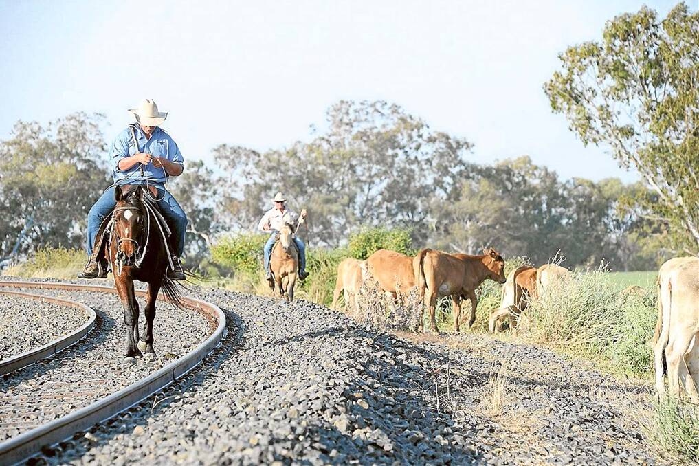 Johnny Cooper and Bill Little crossing a railway at Moree on the way to “Uardry” from Roma, Queensland.