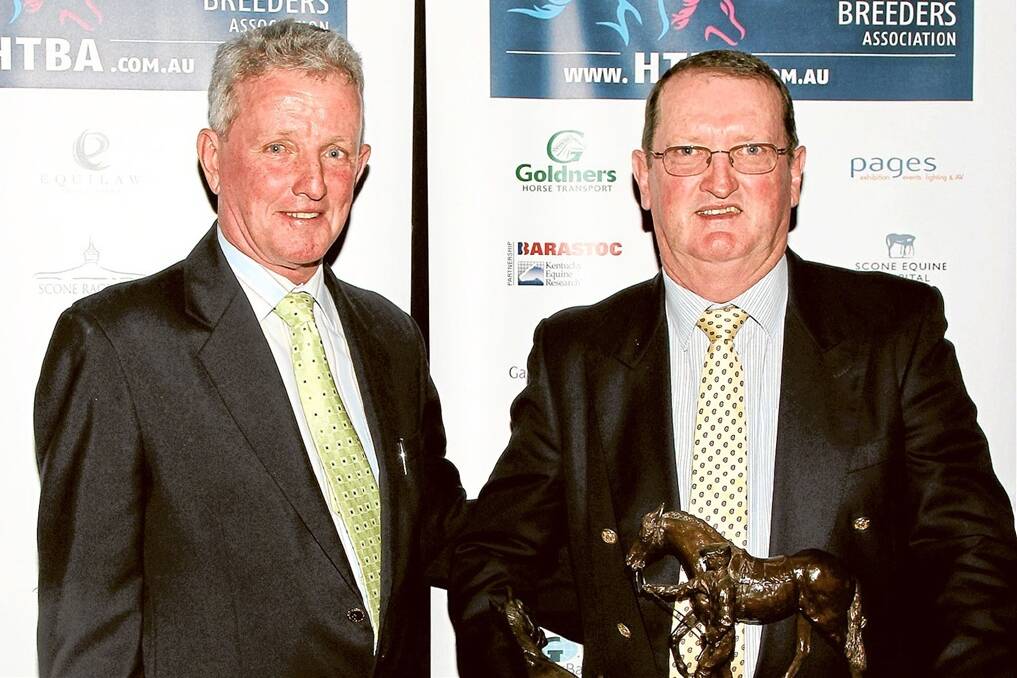 Hunter Thoroughbred Association committee person Brian Nutt, Attunga stud, Scone, presenting Wexford Farm principal Martin Byrne, Denman, with the Murray Bain Award.INSET:?Henry Plumptre and wife Michelle at the Scone Carnival races; Mr Plumptre was honoured with the Hunter Thoroughbred Breeders Association’s President’s Award.
