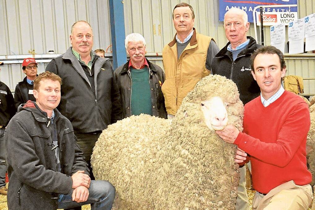 The top-priced ram at the Sheepvention ram sale on Tuesday fetched $22,000. Pictured are buyer Rod Miller, Glenpaen, Brimpaen; selling agent Kevin Beaton, Landmark studstock, Victoria; buyers Robert Plush, Kerrsville, Coleraine; Charlie Merriman, Merrignee, Boorowa; Ian Plush, Kerrsville, Coleraine, and vendor Henry Armstrong, Pemcaw, Dunedoo.