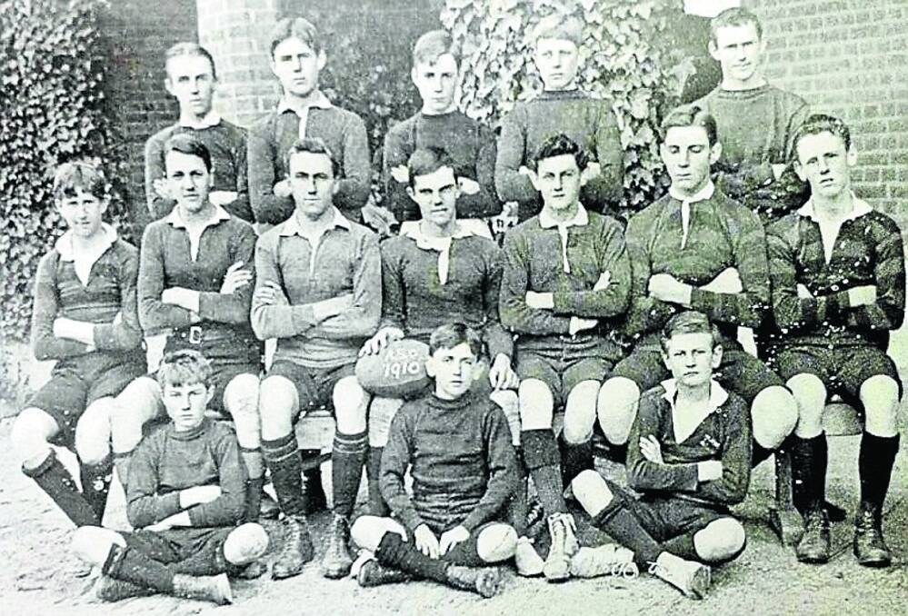 Front row to front line: The All Saints’ College First XV of 1910. With the exception of two boys, all served as Anzacs, with team captain Allan Blackett (holding football), killed in action at Pozieres, Belgium. Guy Kendall (on Blackett’s left) died after returning to Australia from illness contracted at the front. On Kendall’s left is Sir William Alan Fairlie-Cunninghame.