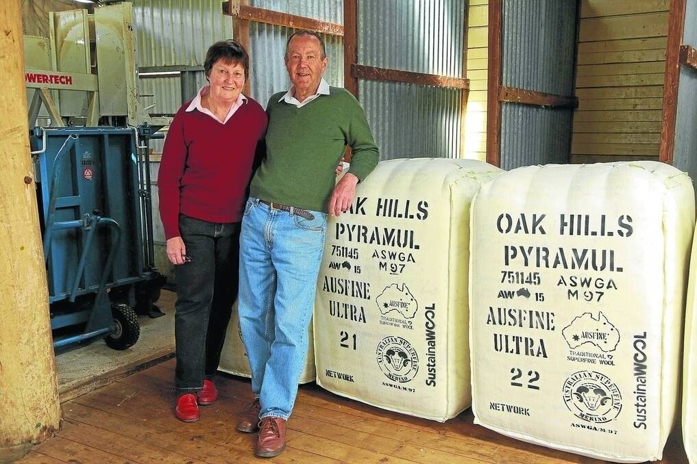 Daryl and Irene Croake, "Oak Hills", Pyramul, wih their superfine Merino bales headed for Italy.