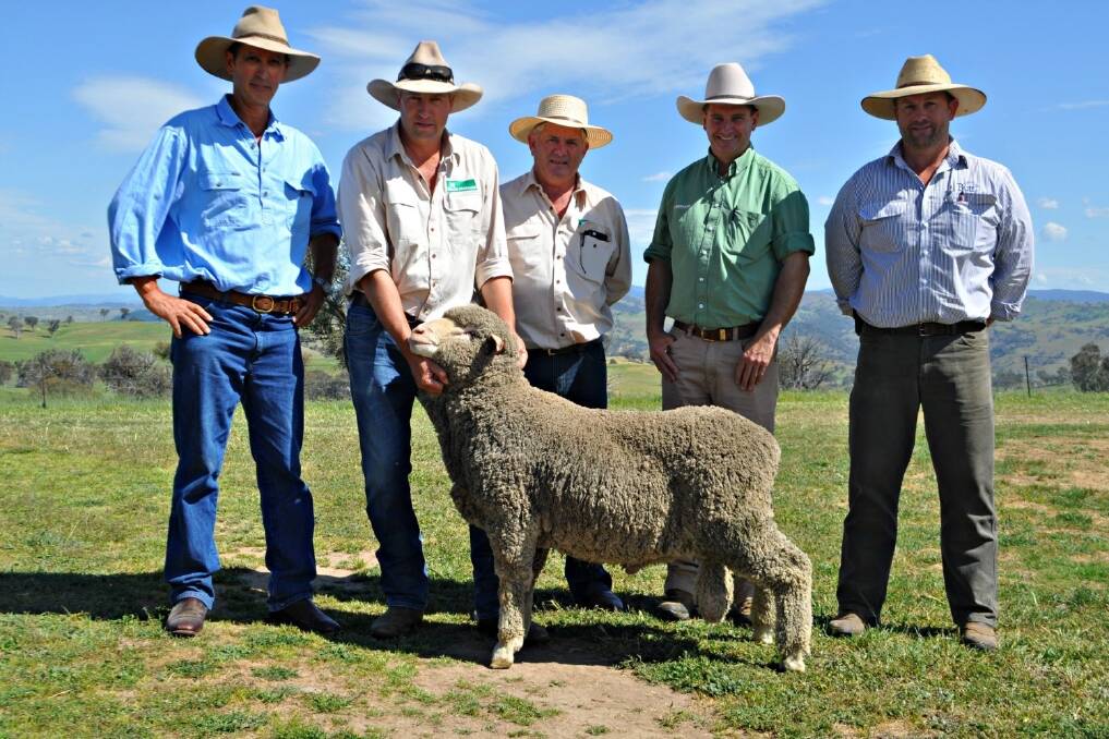 With the $4200 top-priced ram at the Bogo Merino and Poll Merino sale are buyer Nick Wragge, Woomargama Station, Woomargama via Holbrook; Cavan Station general manager Matt Crozier, Yass; Bogo stud manager Mal Peake, Yass; Rick Power, Landmark stud stock, Boorowa, and Phill Butt, Butt Livestock and Property, Yass.