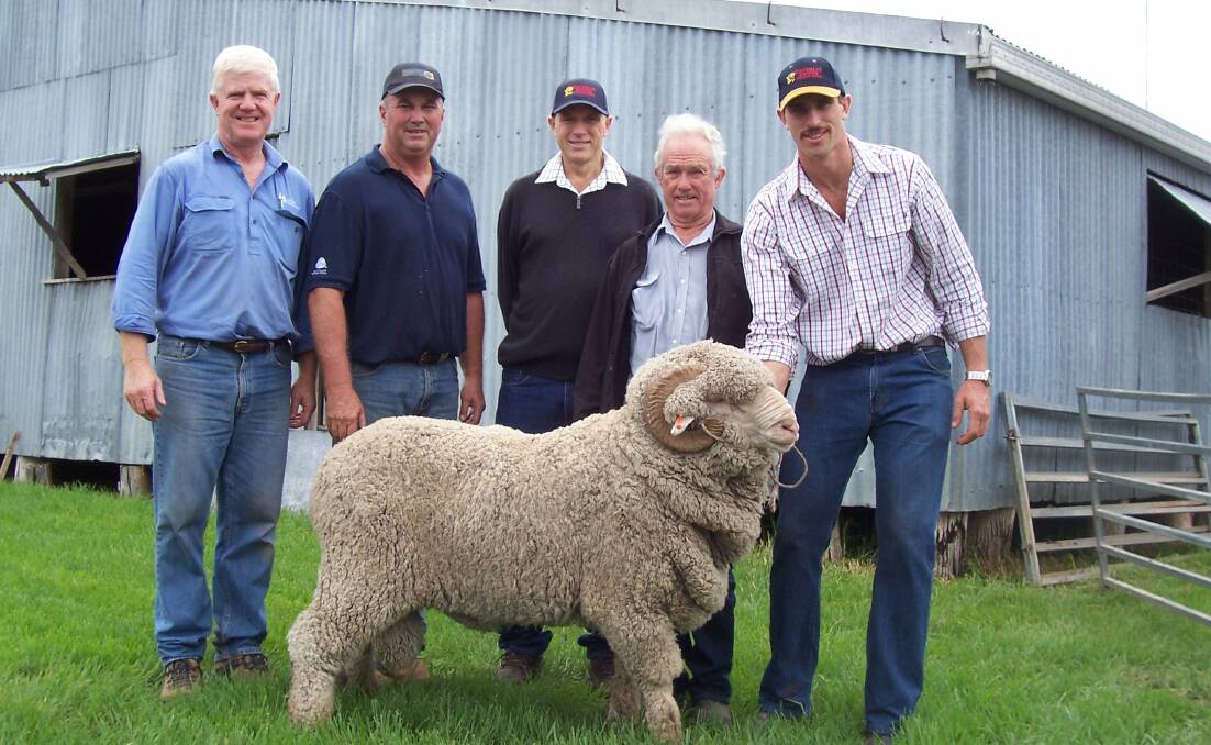Waverley Downs' 2020 highest priced ram with John Croake, AWN, Phil Evans, Schute Bell, Sean, purchaser Geoff Hilton, and James.