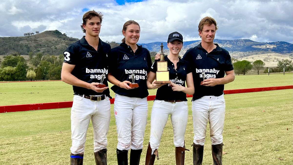 Bannaby Angus Polo team with the Bob Skene League trophy. From left, Archie Dowling, Anna Dowling, Olivia de Govrik and Jack Archibald. Picture supplied