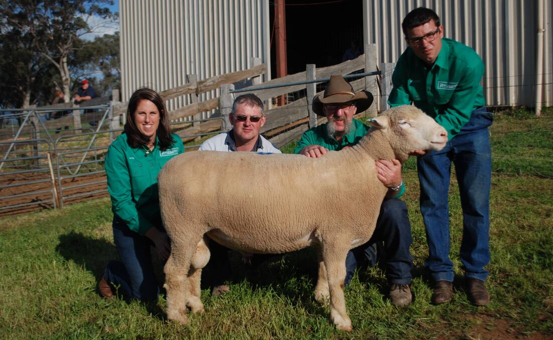 Ridgehaven Poll Dorset stud, Cudal, sold top-priced $4100 ram to Chris Roweth, Windy Hill Poll Dorset stud, Blayney. Mr Roweth is pictured with Ridgehaven's Ruth and Graeme Klingner and  Floyd Legge.