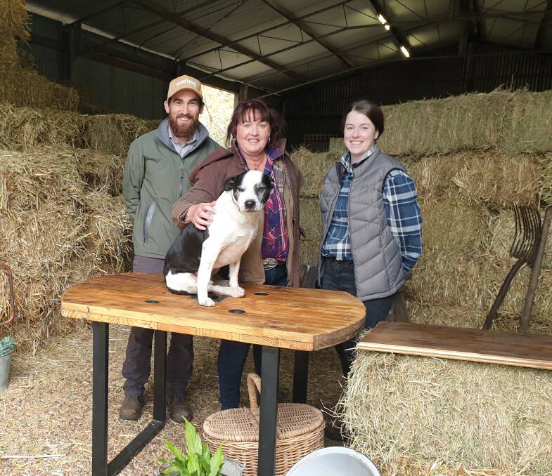 LOCAL PRODUCE: Christine Wade, Silver Gully Farm, Jed the dog and Hannah Wade and Tim Joughin from Mountain Goat Trails during filming of Harvest Festival TV.