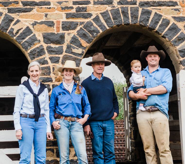 LONG PROUD LEGACY: Hazeldean Angus and Merino studs' Jim and Libby Litchfield, with daughter Bea Litchfield, son-in-law Ed Bradley and grandson Stirling. Photos by Camilla Duffy Photography.