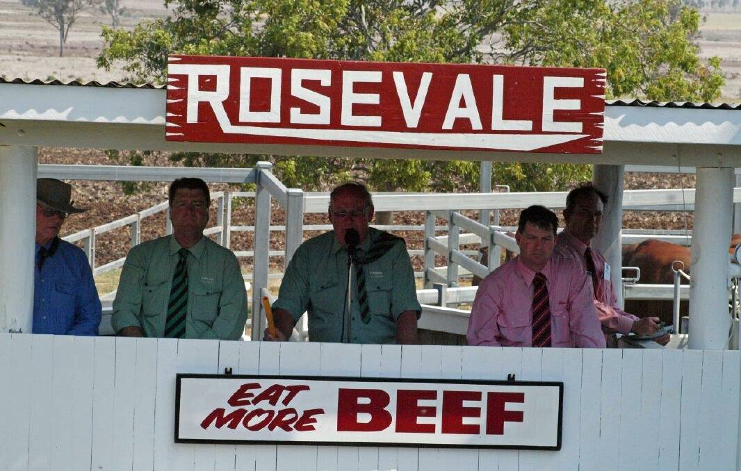 Grahame Greenup, Peter Brazier, Garth Hughes, Michael Smith and Blake Munro. Mr Hughes was selling at the 55th Rosevale bull sale. Photo: Courtesy of the Greenup family, Rosevale Santa Gertrudis stud, Jandowae