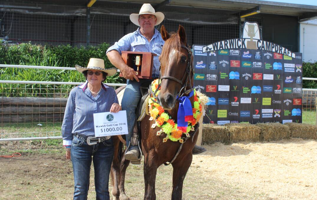 Lorna Fanning, a director of the Australian Stock Horse Association, congratulates the 2016 Warwick Gold Cup winner Lloyd Brown, and his 17-year-old stallion Mallanganee Sampson on a very  popular win at the Warwick Rodeo and Gold Cup Campdraft. Picture: Helen Walker