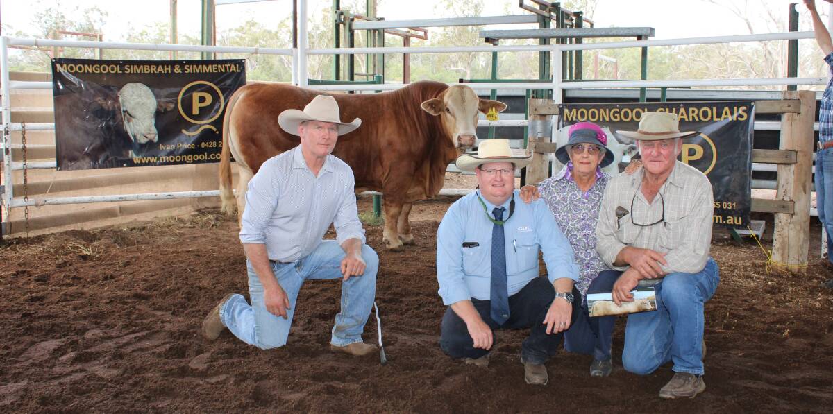 Simbrah sale topper Moongool MR R87 with Ivan Price, Mark Duthie, GDL, and Lyn and Rod Sperling, Bell.
