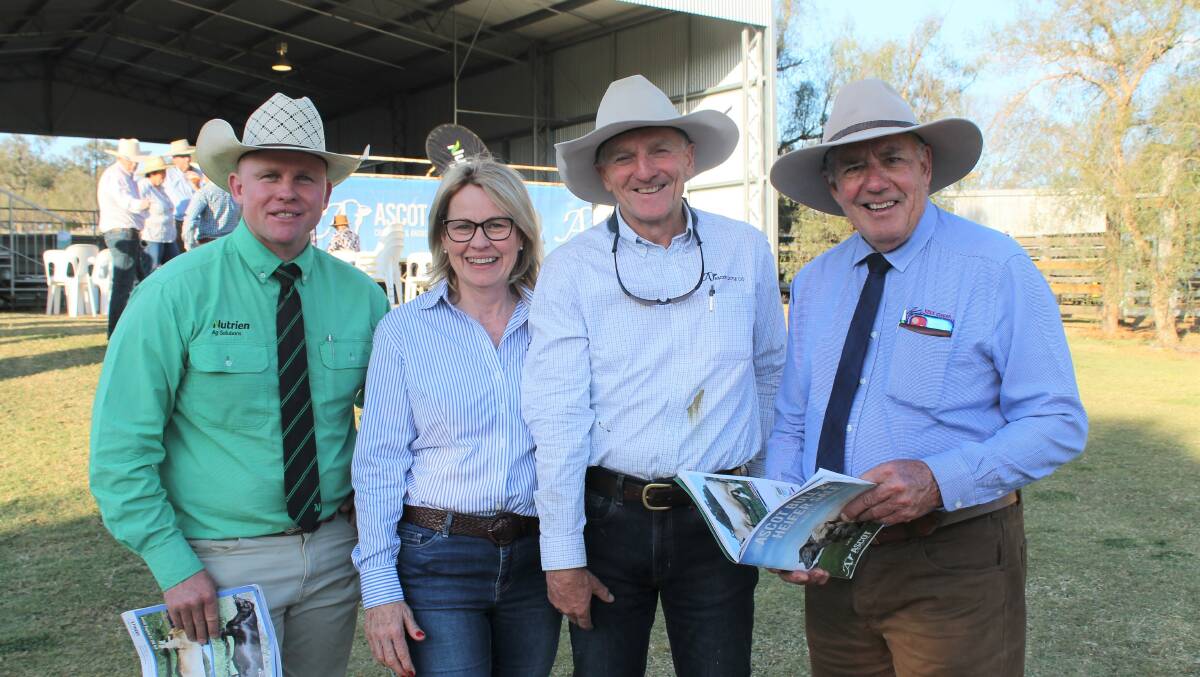 It was smiles all round at the conclusion of the very successful Ascot sale on Friday with Colby Ede, Nutrien, Jackie and Jim Wedge, Ascot Cattle Company, Warwick, and buyer of the $47,500 top-priced Charolais bull, Ascot Rockstar R139E (P), Kevin Graham, Kevin Graham Consulting Pty Ltd, Brisbane.
