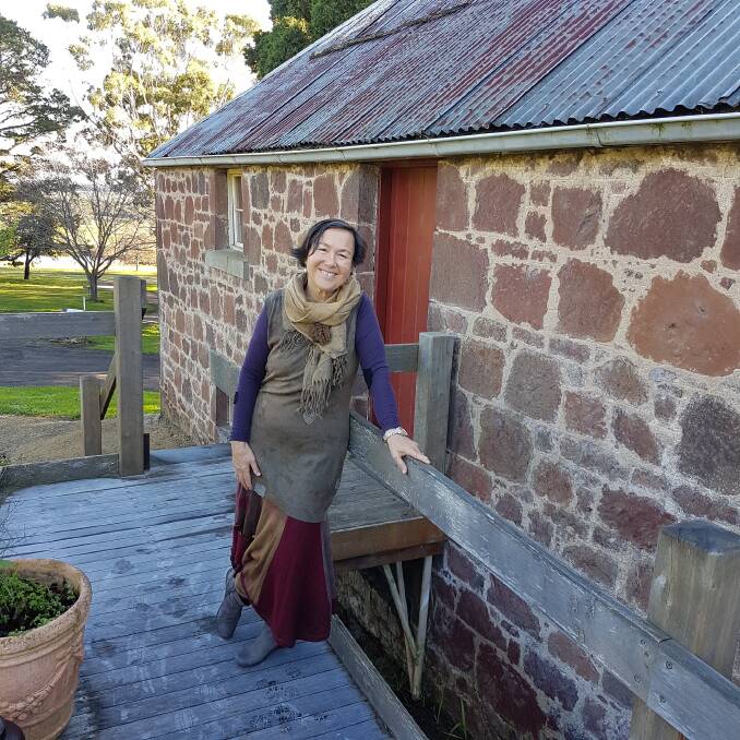 Jane Milburn visiting Tarndie Heritage Farm, Colac, Vic, wearing upcycled wool.