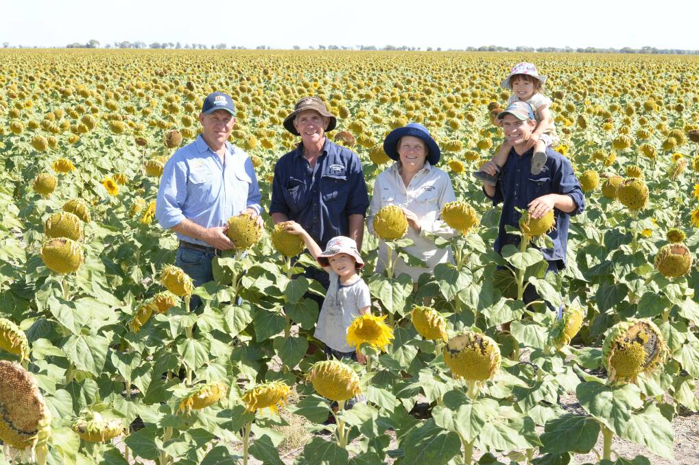 Pursehouse Rural agronomist, John Redden, Coonabarabran, Ray and Anne Williams and their son, Ben with his children, Emma, 3 and Kai, 5, "Magomadine", Coonamble. Picture - Rachael Webb.