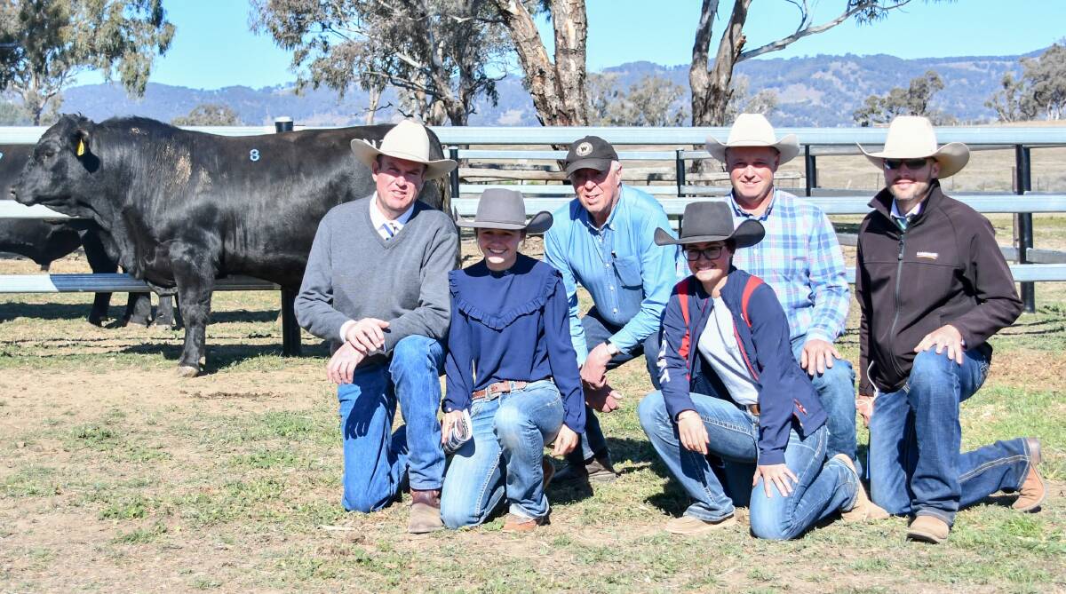 The $14,000 top price bull, Wombramurra N271, with auctioneer Paul Dooley, vendors Peter Howarth and Charlie, Georgie and Andrew Chapman with Landmark Tamworth agent Joel Fleming. 