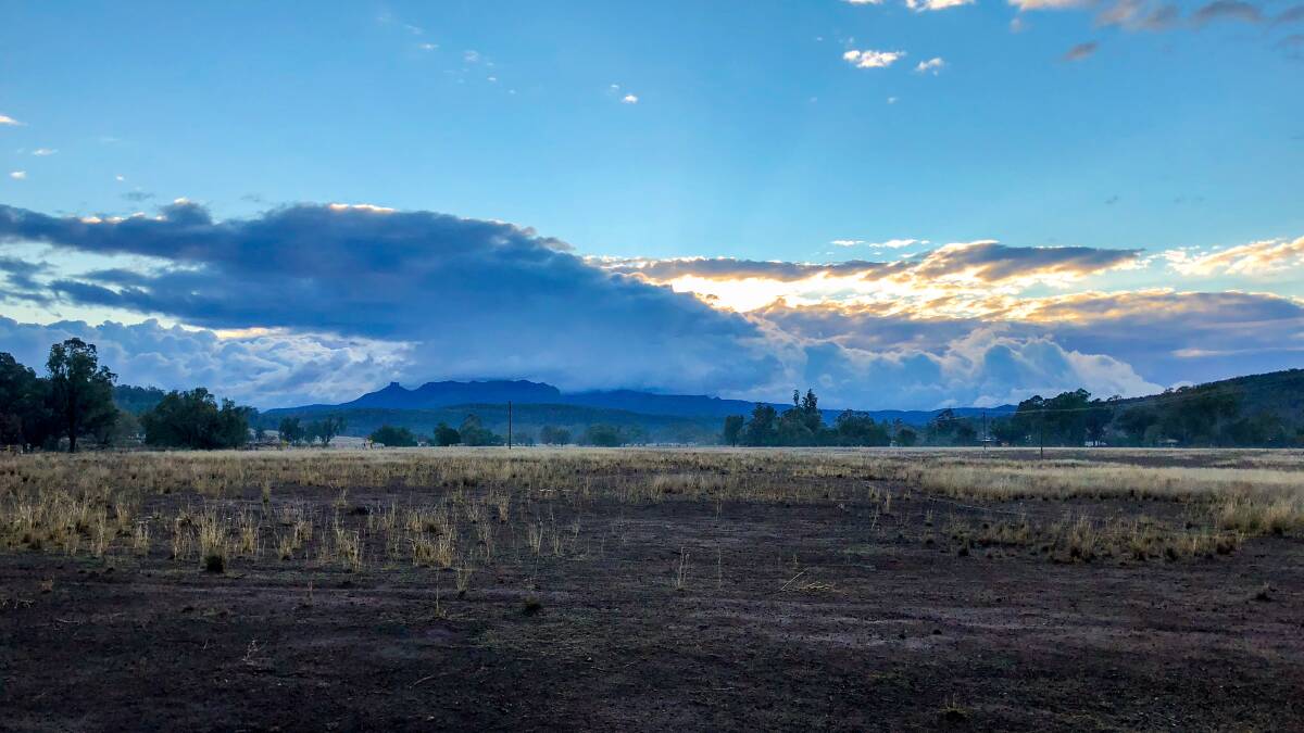 Clouds on sunrise over Kaputar Range. This image was taken by Mandy Simpson from Mulberry Farm, Eulah Creek, east of Narrabri.