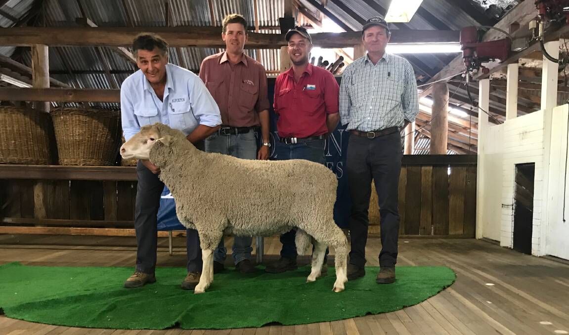 The $5000 top price ram is held by vendor Chris Clonan with Robbie Block from selling agents CL Squires with buyer Stuart Davidson of Calga Dohne stud, Coonamble and Calga's classer Jason Southwell. 