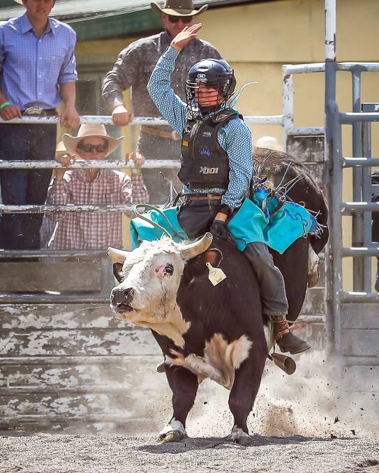 Linden Raaen won the 12 to 13-year-old World Champion Mini Bull Rider in Las Vegas recently. Photo: Jodie Adams Photography of Stroud Rodeo
