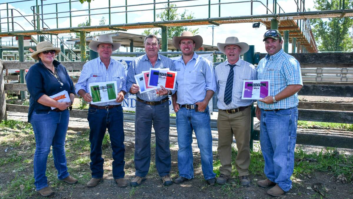 Award winners: reserve champion steer vendors Sarah and Don Riley, Coonabarabran, champion steer vendor Col McGilchrist, Colin Say and Co's Shad Bailey, judge Bryce Whale, and fifth place winner Nigel Wieck. 