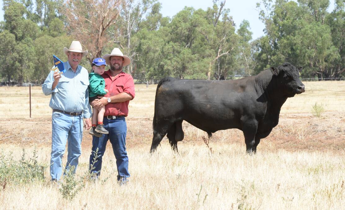 Lex Crosby, his grandson Jack and his son Josh of Cherry Tree Hill at Forbes with the sire of their steers in the Beef Spectacular Feedback Trial, Crosbys Gothenburg K88. Picture: Rachael Webb