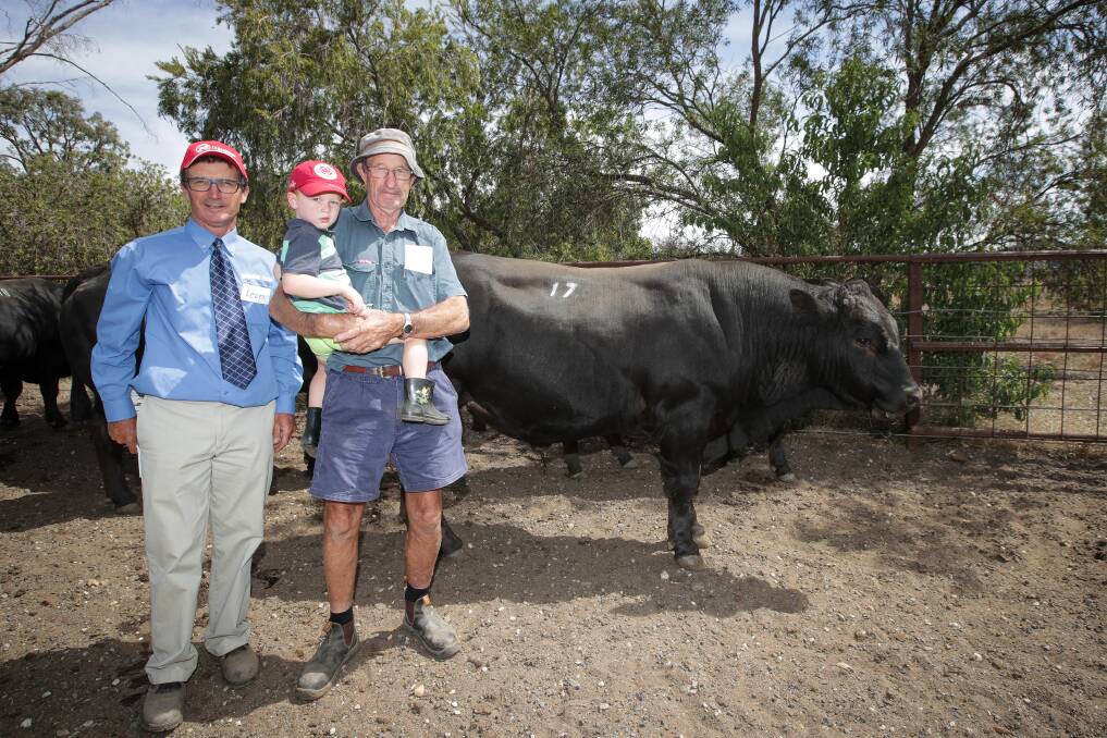 Le Martres Limousin stud principal Leon Martin with top price bull buyer David McKimmie, Jingellic, and the $5000 bull, Le Martres Black Noah. Picture: James Wiltshire