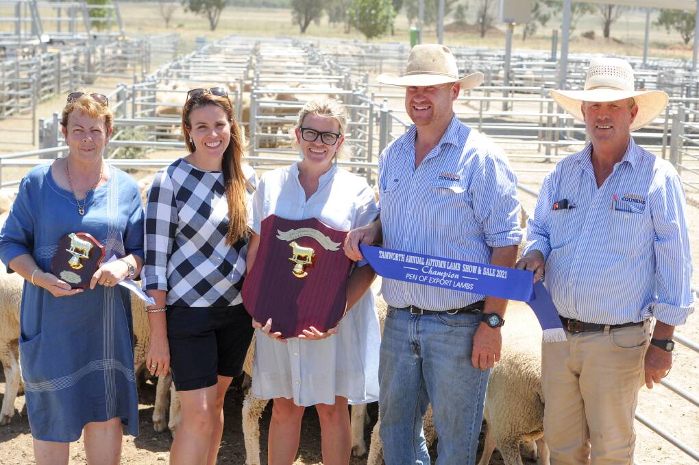 Rosemary Korsman, Kristy Korsman and Nicky Miller presented the inaugural John Korsman Memorial Shield to Garvin and Cousens agents Andrew Warden and Phillip Hetherington representing grand champion winners the Tongue family, Glenwood, Loomberah. 