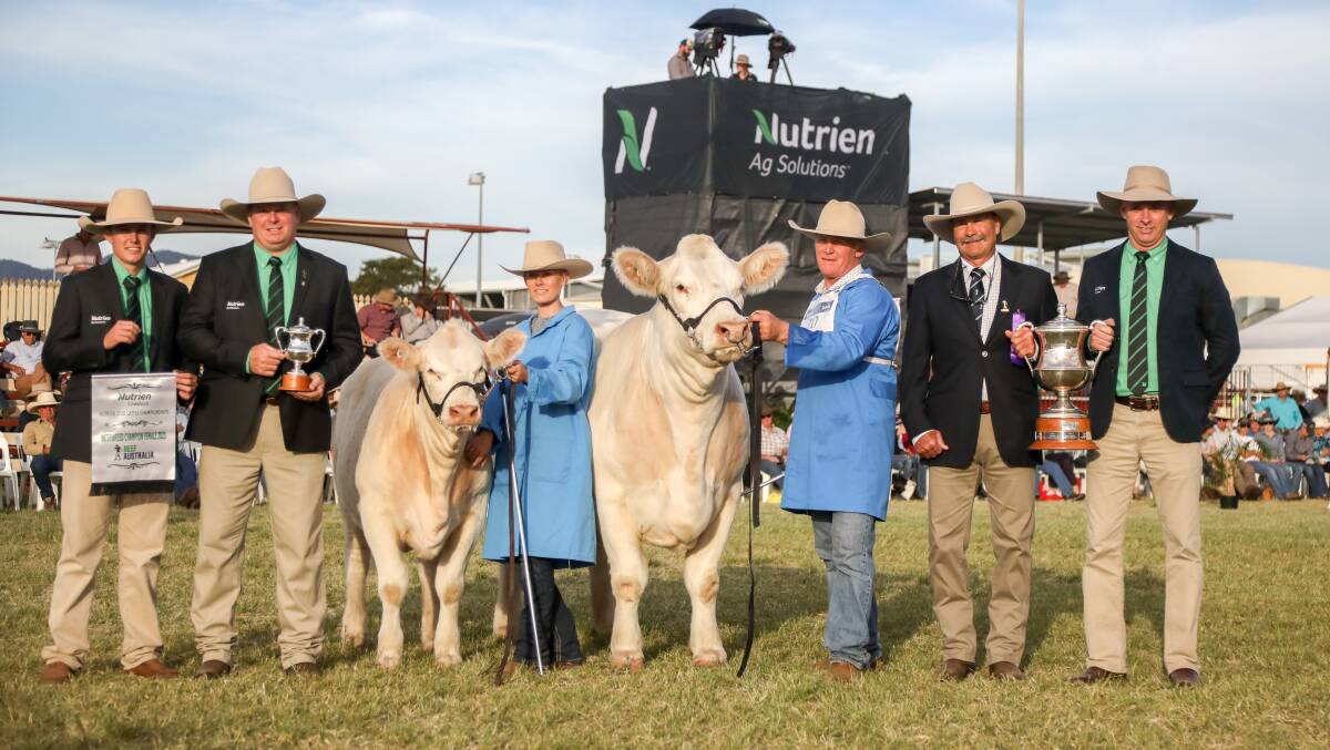 Nutrien's Justin Rohde and Mark Scholes with handler Chloe Kemp, owner Ivan Price, judge Brett Kinnon and Nutrien's managing director Rob Clayton. 