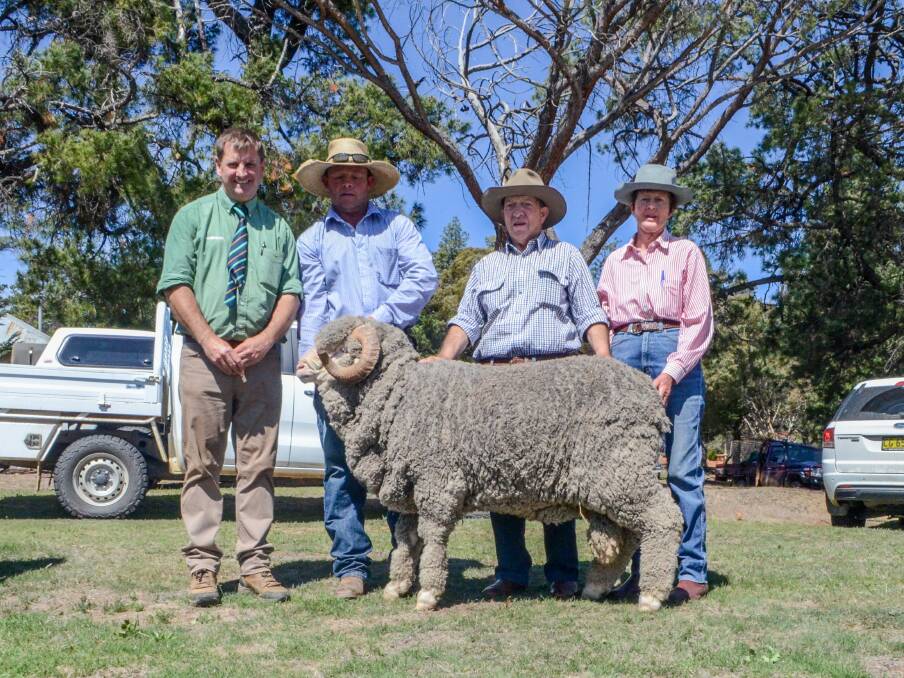 Landmark Grenfell agent Rick Power, Michael Hedger of Snowy Plain Merino and Snow Vale Poll Merinos and Gordon and Jenny Crowe, Round Plain Merino stud, Berridale, with the top price ram of the sale. 