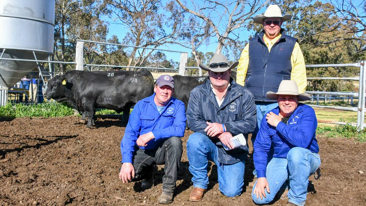Marengo Pastoral Company and Parraweena Highlands Cattle Company averaged $14,000 for five bulls. Pictured are buyers Craig Wilson, Mick Kelsall and Luke McWilliam with Ray White's Tim Bayliss. 