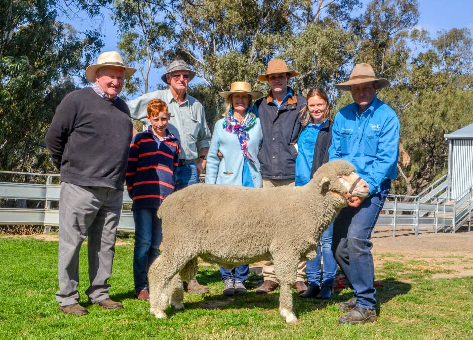 Top priced ram: Albury-based sheep consultant Bill Mildren with buyers Angus and Bruce Black, Rankin Springs, vendors Margie, Sandy and Georgie Pye, and studmaster Jason Southwell presenting the ram. 