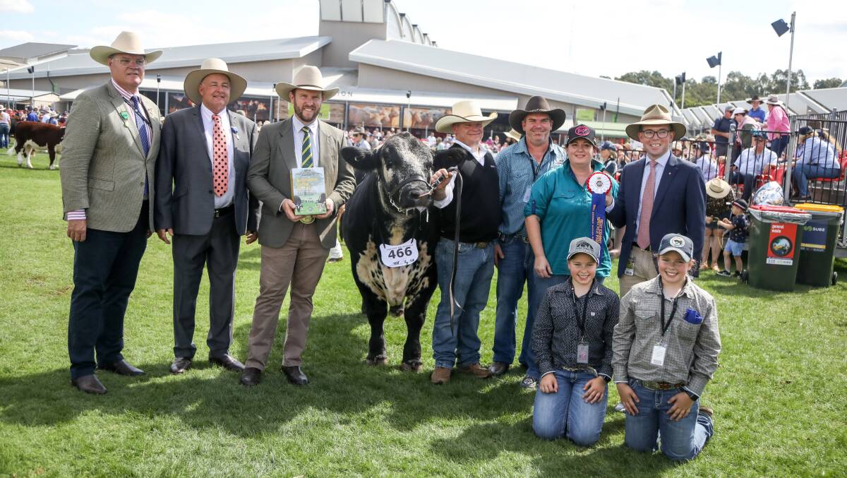 The supreme exhibit of the Speckle Park ring was Pemberton Thunderbolt Q65 pictured with RAS steward Stuart Davies, judge Peter Falls, sponsor Shanon Lawlor, handler Erin Grylls, owner Tim and Kristen Bell, minister Adam Marshall and Sienna and Jayde Grylls. 