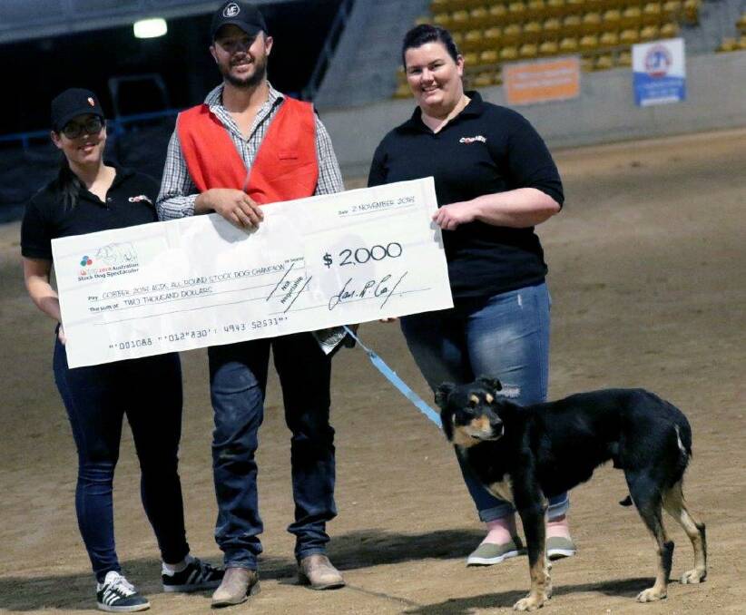 Winner of the Australian Stock Dog Spectacular Jake Nowlan with Cobber representatives Marinka and Emma and his dog Zone. Photos: FeeMacMedia