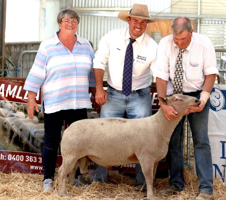 Volume buyer Christine Pumper, Inverell, Howlong, with selling agent Shad Bailey of Colin Say and Co and vendor Kevin Feakins. Picture: Supplied