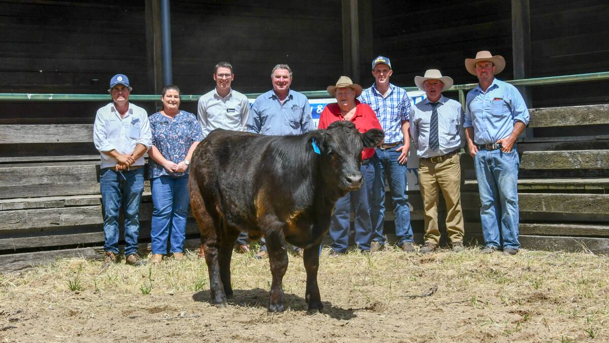 Nathan Purvis of Colin Say and Co, Findex representatives Nikki Smith and Jason Duffell, vendor Col McGilchrist, buyer Charlie Foote with fitter Matt O'Dwyer, judge Bryce Whale and Colin Say and Co's Shad Bailey with the 1600c/kg steer, which was also named grand champion. 