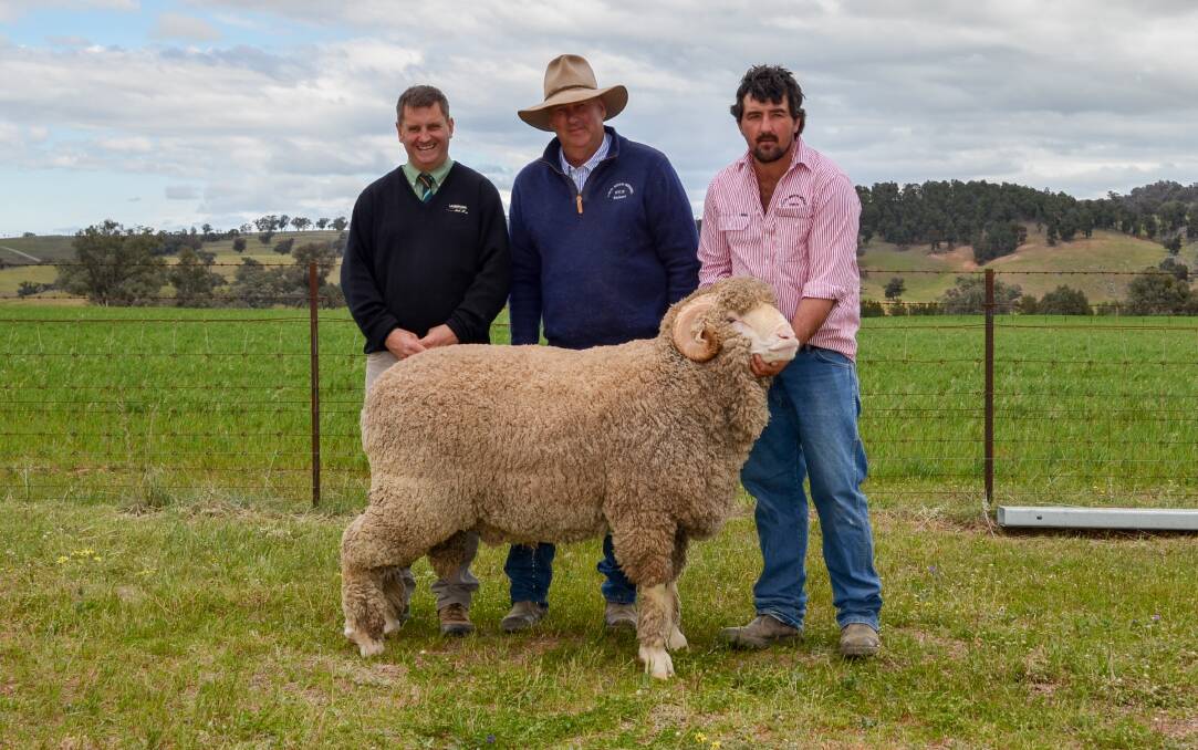 Rick Power of Landmark Stud Stock with Lach River Merinos representatives Richard and Brad Chalker and the top priced ram.