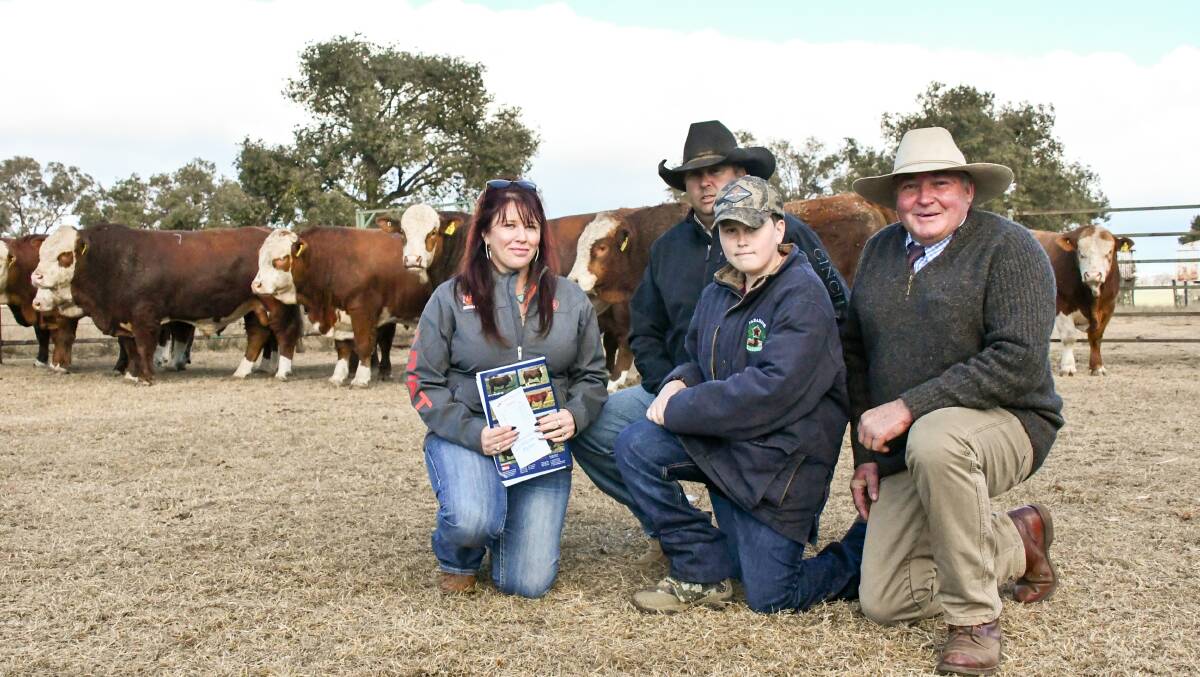 Bulk buyers Mollie, Paul and Tom Agostino, Malongulli, Canowindra, with Barana stud principal Peter Cook after the family secured six bulls in their first time purchasing from the stud. 