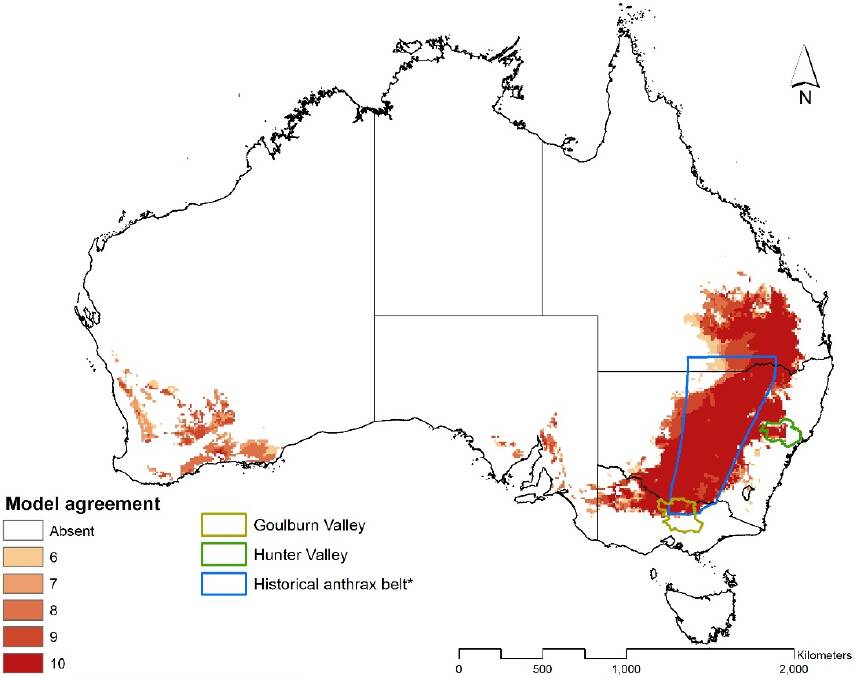Anthrax distribution in Australia from Barro AS, Fegan M, Moloney B, Porter K, Muller J, Warner S, et al. (2016).