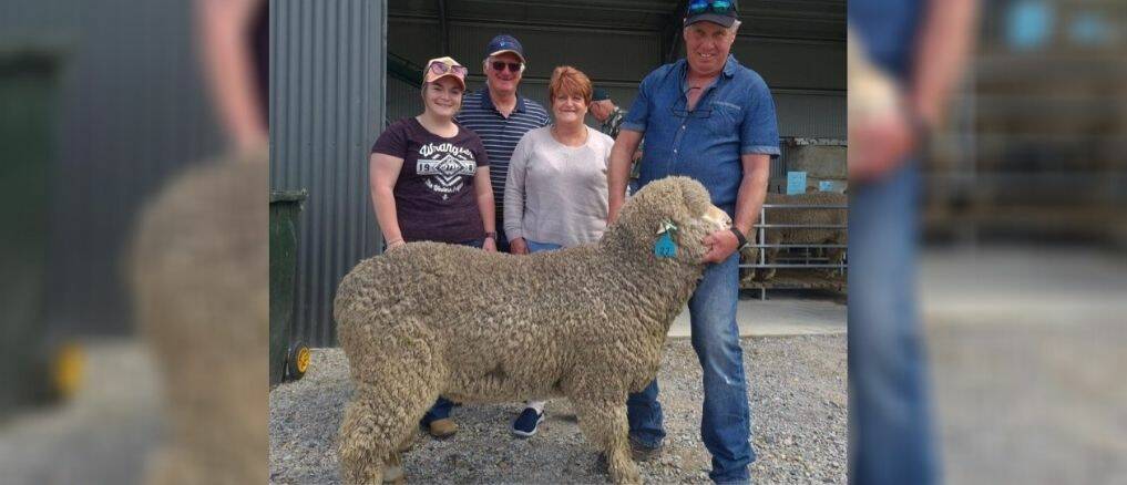 The $3500 top price ram went to Renee, Clive and Helen George pictured with stud principal Tony McGaw. 