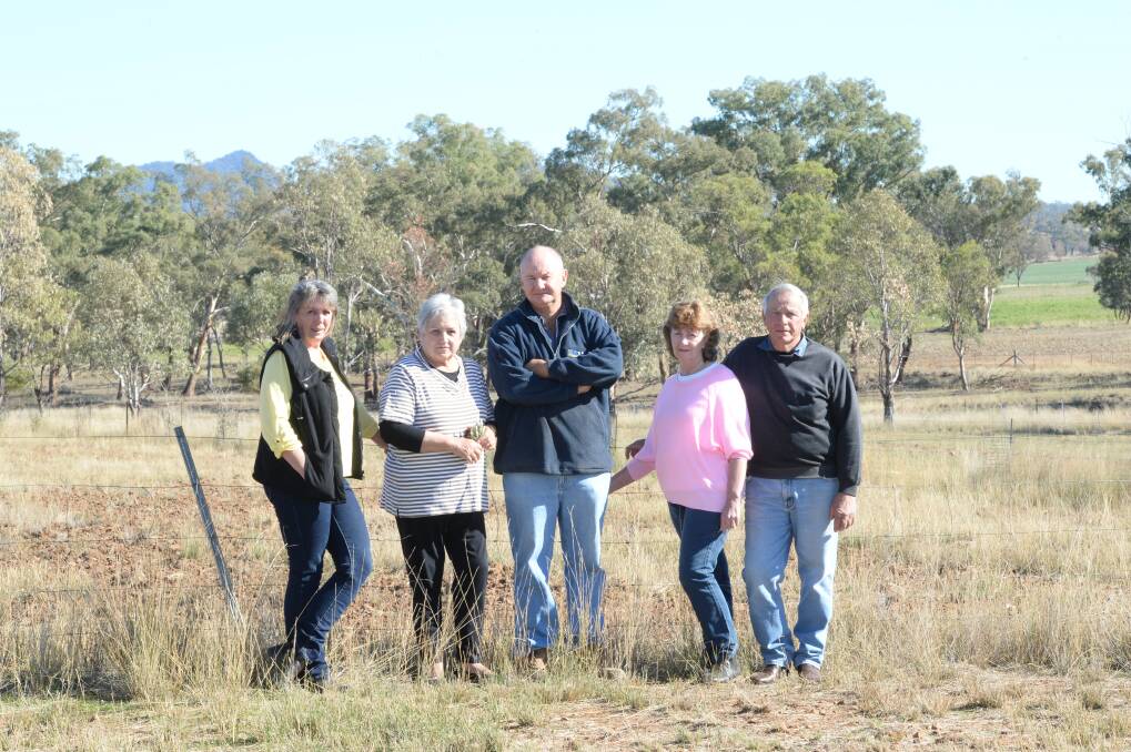 Duri farmers Di Sanderson, Elizabeth Henderson, Matthew Laird and Julie and Kevin Aitken oppose a new irrigation bore near their properties. Photo: Rachael Webb