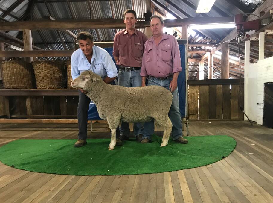 The second top price ram sold to O'Brien Dohne stud, South Australia, and is pictured with Chris Clonan and Robbie Block and Phil Hurford from selling agents CL Squires.