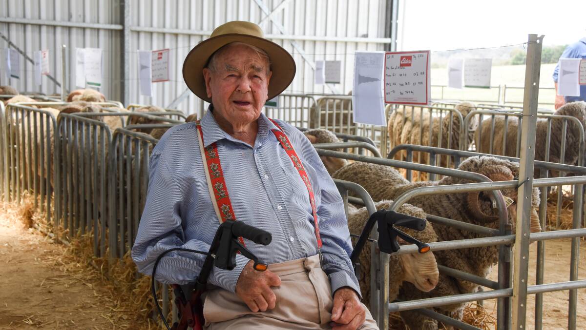 Frank Presnell, 99, at the Shalimar Park ram sale at Wollun. Picture: Lucy Kinbacher