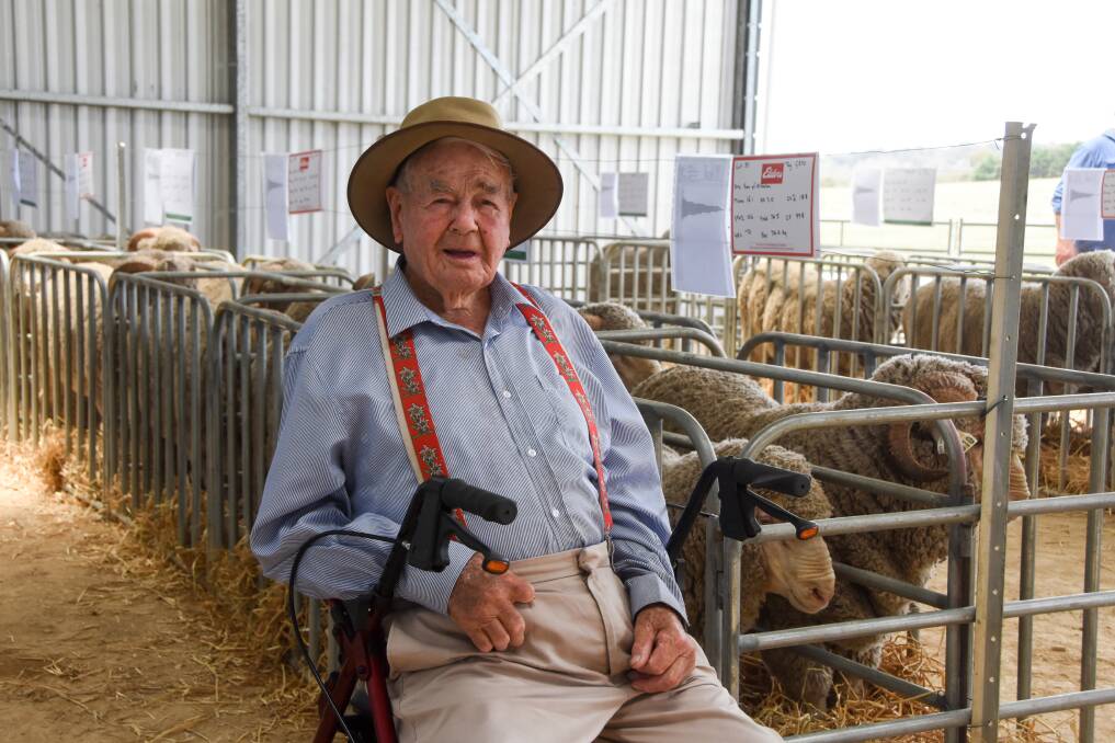 Frank Presnell, 99, at the Shalimar Park ram sale at Wollun in 2019. Up until the last couple of years Mr Presnell was attending the festival everyday and going for dinner with the stall holders. Picture: Lucy Kinbacher