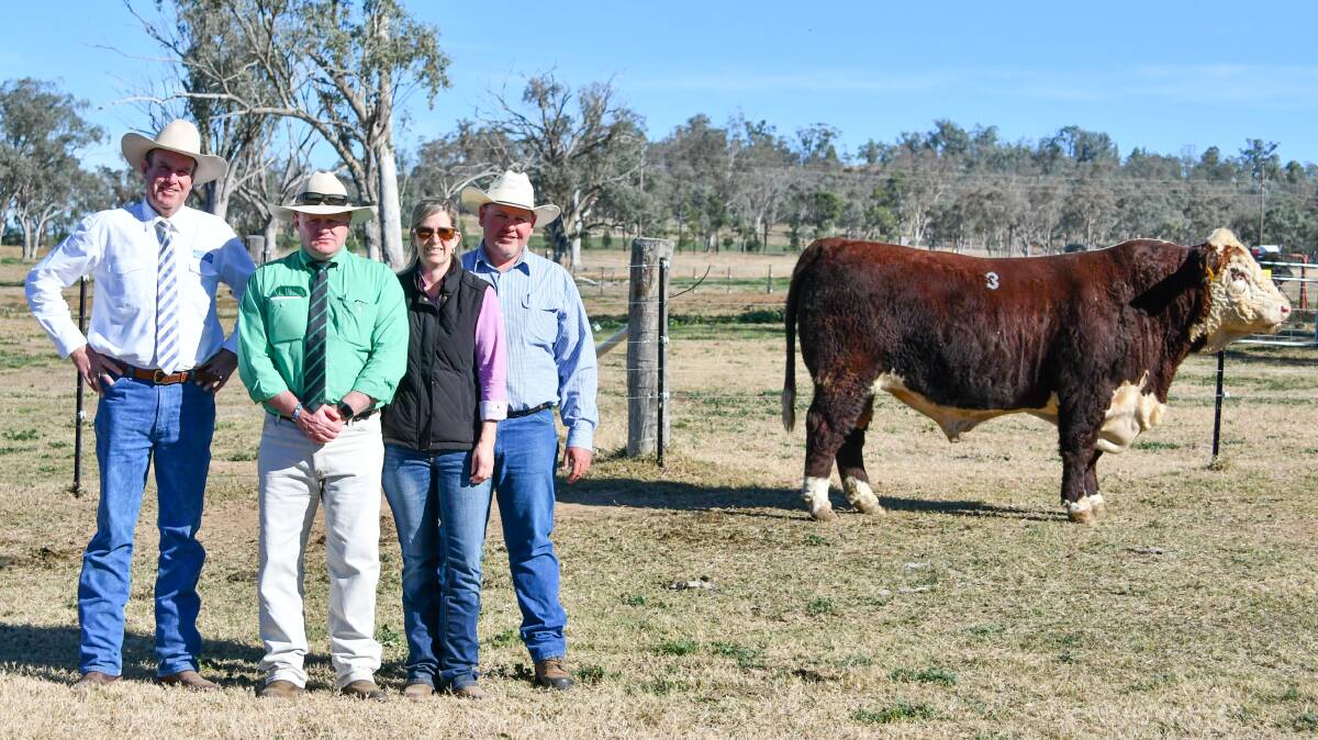 Auctioneer Paul Dooley, Nutrien's John Settree representing the top price buyer Gary Clarke and vendors Shelley and Ian Durkin with the $20,000 sale topper. 